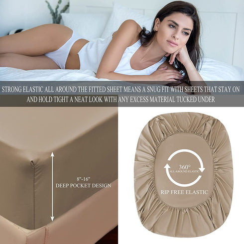 Queen Size Sheet Set Beige 4 Piece Bamboo Bed Sheets Fitted Sheet 15" Deep Pocket Soft Breathable Cooling Sheets for Hot Sleepers Washed Best Luxury Hotel Collection Wrinkle Free Durable Flat Sheet