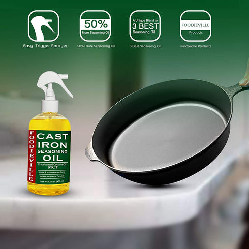 Creation Farm Foodieville Cast Iron Oil Non-stick Conditioner for Seasoning Skillets, Griddles, Flat Top Grills, and more with Oils of Flax, Sesame, and MCT, 12 fl. oz. Sprayer included