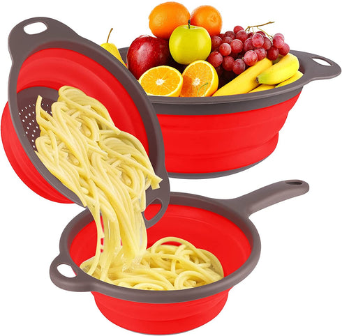 Qimh Collapsible Colander Set of 3, 1 pc 2 quart Collapsible Strainer with Handle, 1 pc 4 quart and 1 pc 2 quart Round Strainers