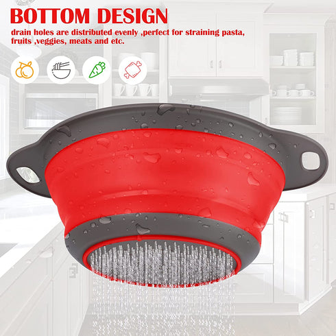 Qimh Collapsible Colander Set of 3, 1 pc 2 quart Collapsible Strainer with Handle, 1 pc 4 quart and 1 pc 2 quart Round Strainers