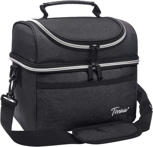 Insulated Lunch Bag, Leakproof Thermal Bento Cooler Tote for Women and Men, Dual Compartment with Shoulder Strap, 10.1" x 6.5" x 8.3", Black