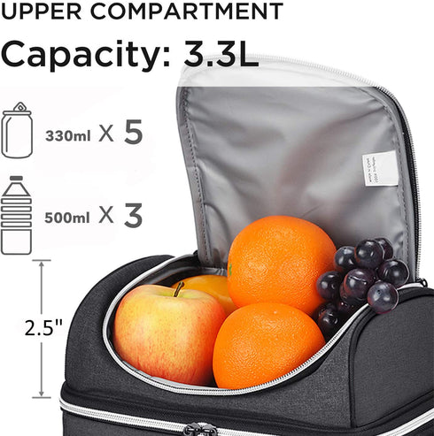 Insulated Lunch Bag, Leakproof Thermal Bento Cooler Tote for Women and Men, Dual Compartment with Shoulder Strap, 10.1" x 6.5" x 8.3", Black