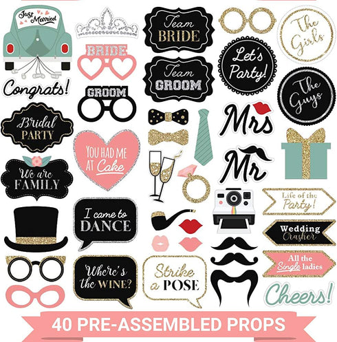Fully Assembled Wedding Photo Booth Props - Set of 40 - Gold, Pink, Teal, & Silver Selfie Signs - Wedding Party Supplies & Decorations - Cute Wedding Designs with Real Glitter - Did we mention no DIY?