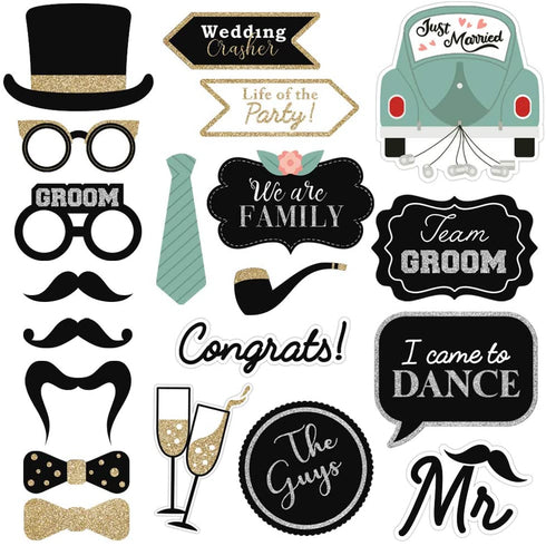 Fully Assembled Wedding Photo Booth Props - Set of 40 - Gold, Pink, Teal, & Silver Selfie Signs - Wedding Party Supplies & Decorations - Cute Wedding Designs with Real Glitter - Did we mention no DIY?