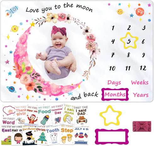 Milestone Blanket for Baby Girl, Kmivo Baby Monthly Photo Blankets Soft Large Memory Blanket with Headband & Milestone Cards for Newborn Baby Shower, 60? x 40?