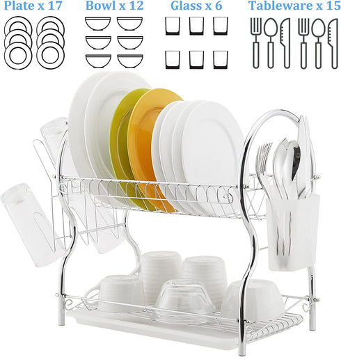 Dish Drying Rack, 2 Tier Dish Rack with Drain Board Kitchen Organizer, Chrome , ALHAKIN