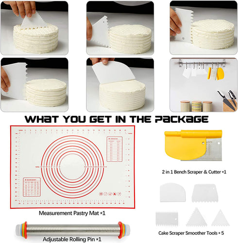 Rolling Pin with Adjustable Thickness Rings Stainless Steel 17.5" Dough Roller, 24"x16" Nonstick Silicone Pastry Mat Bench Dough Scraper Pizza Cutter Cake Smoothers Set for Baking Cookie Fondant Pie