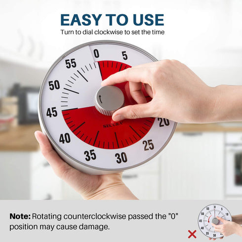Secura 7.5-Inch Oversize Visual Countdown Timer, 60-Minute Kitchen Timer | Time Management Tool for Kids, Teachers and Adults (Red)