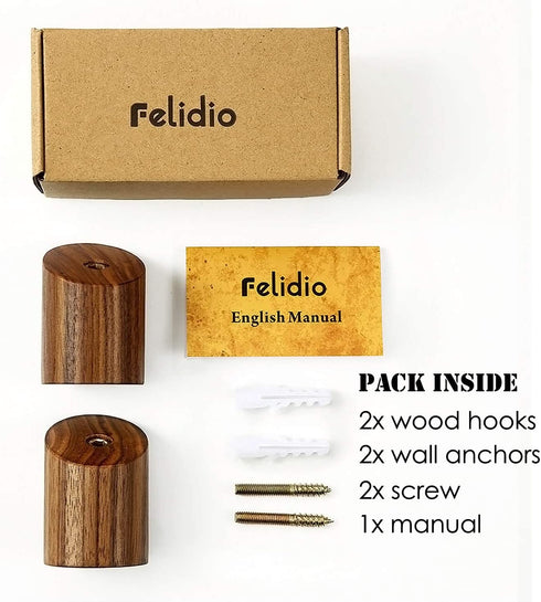Wall Hooks, Felidio Natural Wood Coat Hooks Wall Mounted (Pack of 2pcs) - Rustic Wall Coat Rack Hat Hooks Robe Hook Entryway Wall Hangers Heavy Duty Hooks for Hanging Towels (Black Walnut)