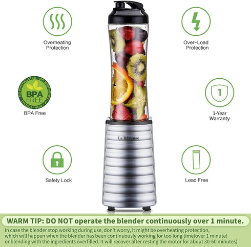 La Reveuse Smoothies Blender 300 Watt with 18 oz BPA Free Portable Travel Sports Bottle (Silver)