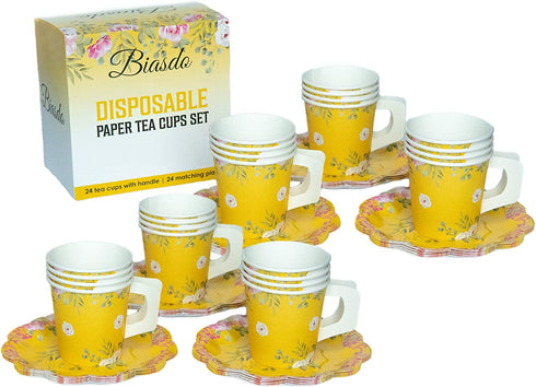 2 x 24 PACK Biasdo Paper Tea Party Decorations, 24 Drink Cups with Handles and Matching Dessert Saucer Plates for Baby and Bridal Shower Decor, Birthday Party, Event Hosting, Bright Yellow