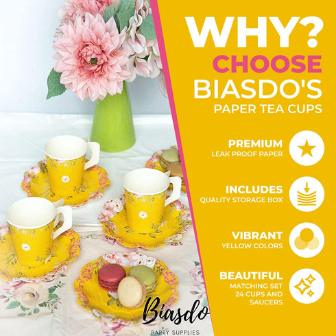 2 x 24 PACK Biasdo Paper Tea Party Decorations, 24 Drink Cups with Handles and Matching Dessert Saucer Plates for Baby and Bridal Shower Decor, Birthday Party, Event Hosting, Bright Yellow