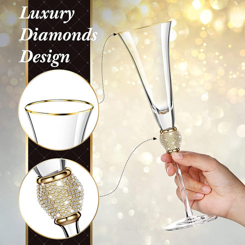2 Pieces Rhinestone Champagne Flutes Wedding Toasting Glasses 7 Oz Rim Diamond Wine Glasses Long Stem Glassware for Wedding, Parties, Anniversary Supplies (Gold)