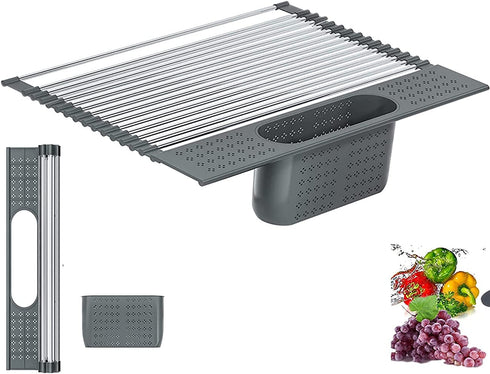 20.5" x 11.8" Large Roll Up Dish Drying Rack for Kitchen, 2 in 1 Design Over The Sink Multi-Function Roll-up Dish Rack and Utensil Plates Holders for Dishes, Vegetable and Fruit-Dark Gray