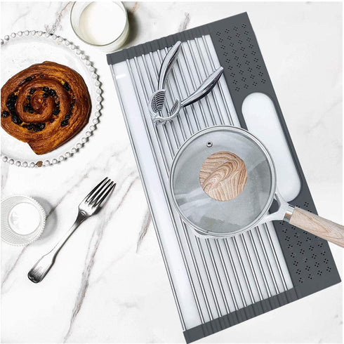 20.5" x 11.8" Large Roll Up Dish Drying Rack for Kitchen, 2 in 1 Design Over The Sink Multi-Function Roll-up Dish Rack and Utensil Plates Holders for Dishes, Vegetable and Fruit-Dark Gray