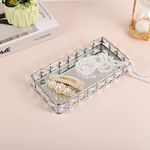 Feyarl Crystal Vanity Jewelry Trinket Tray Anti-Scratch Real Glass Surface Cosmetic Makeup Perfume Essential Oil Holder Display Organizer Storage (8.66 x 4.33 x 1.29inch)