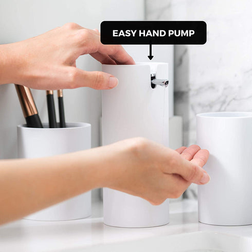 Sleek White Bathroom Accessory Set 4 Pcs complete bathroom set. Modern bathroom decor. Bathroom organizer. Accesorios para ba±os. Industrial bathroom accessories. Toothbrush holder Soap dispenser set.