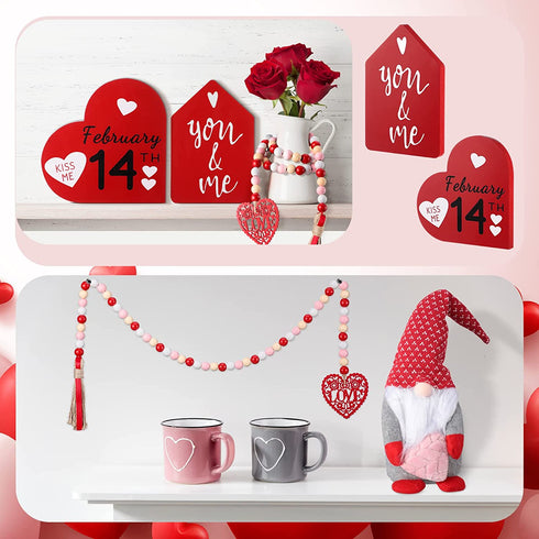 4 Pieces Valentines Day Decor Valentines Tiered Tray Decor Valentines Table Top Decor Valentines Wood Signs Valentines Gnome Wedding Signs for Happy Valentines Day Holiday Decor