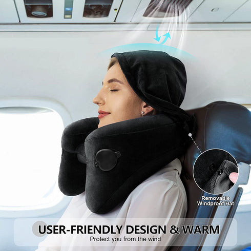 Neck Pillow Inflatable Travel Pillow Comfortably Supports The Head, Neck and Chin, Airplane Pillow with Soft Velour Cover, Hat, Portable Drawstring Bag, 3D Eye Mask and Earplugs (Black)
