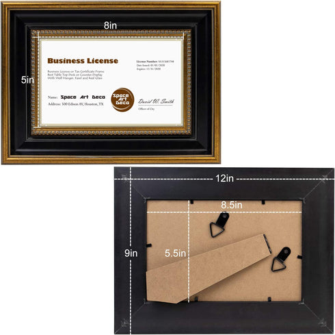 Space Art Deco, 8.5x5.5 Business License Frame, Professionals Certificate Frame, Tempered Glass Wall Hangers or Easel Stand Display (Ornate Gold/Black)