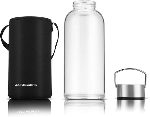 DE.KITCHEN&HIFUN 50 oz Sports Glass Water Bottle with Twist Cap, Clear Borosilicate Glass Water Bottle with Neoprene Sleeve, Large Glass Thermo for Coffee Fruit Vegetable Juice Nut Storage Tank