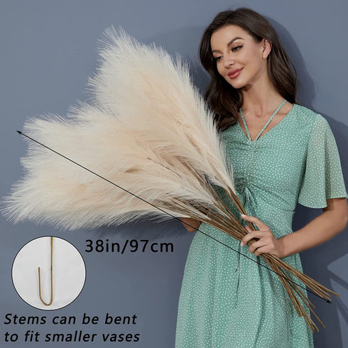 8 PCS Faux Pampas Grass Decor 38"/3.1FT Tall Fake Pompas Floral Large Artificial Pompous Grass Branches Plants for Floor Vase Filler Home Boho Decoration (Cream/Beige)
