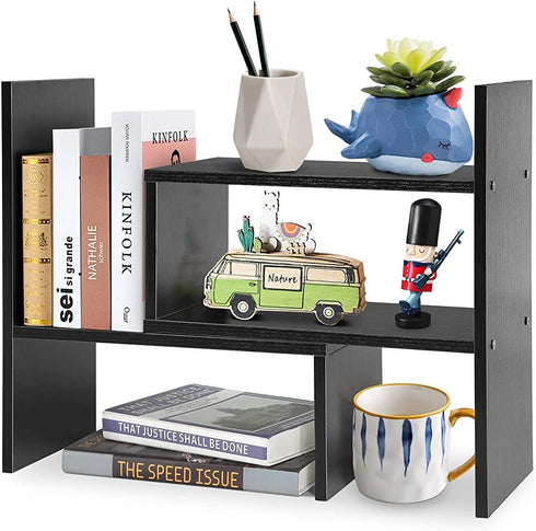 Hotwheel Desk Shelf Organizers and Storage, Expandable Mini Bookshelf for Bedroom, Adjustable Wood Desktop Shelf Black, Home & Office Decor