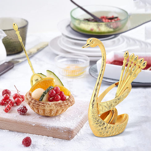 Agatige Coffee Spoon, Stainless Steel Serving Bar Dessert Spoon with Swan Holder Household Tableware (Gold)