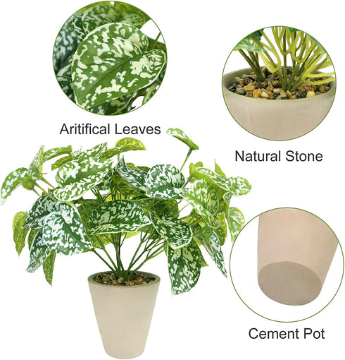 Hisow Artificial Potted Plants, 13" Faux Green Leaves Fake Plant with Natural Stone and Cement Pot Artificial Plants for Home Office Indoor and Room Decorations (A)