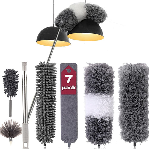 JIAHZ Microfiber Duster,7 PCS Feather Duster Cleaning Kit with 100 inches Extension Pole,Reusable Bendable Cobweb Dusters for Cleaning Ceiling Fan,Car,Computer,Blinds,Furniture