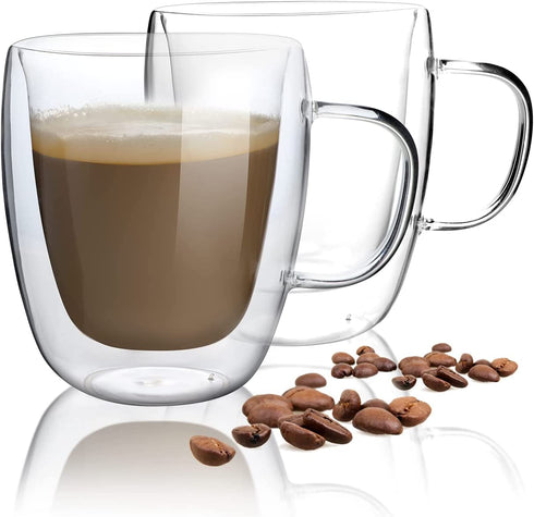 HORLIMER 15 oz Double Walled Insulated Glass Coffee Mugs Set of 2, Clear Coffee Cup with Handle for Espresso Cappuccino Latte Tea Milk Juice