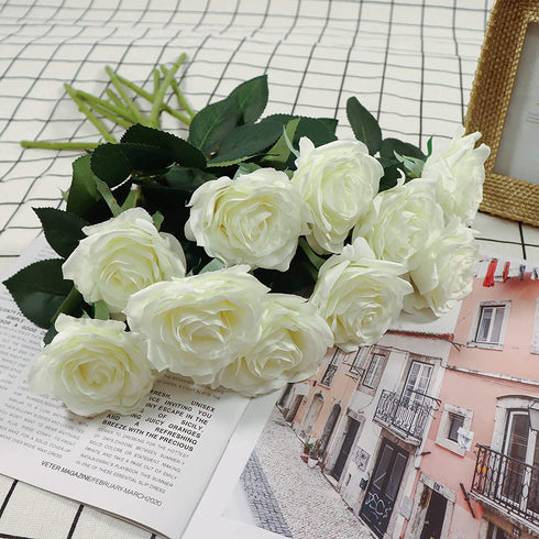 XDLBONNIE Artificial Silk Roses Long Stem Fake Rose Bulk with Stems Real Touch Flowers Bouquet for Wedding Home Party Arrangement Decoration Centerpieces Event Gift 10Pcs (White)