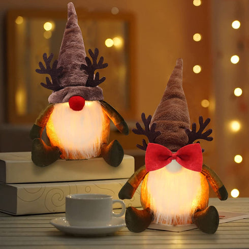 Christmas Gnomes with Light Rudolph Red Nose Gnome Couple Plush Reindeer Decorations Winter Holiday Elf Scandinavian Collectible Figurines Handmade Swedish Tomte Xmas Ornaments Gift Idea Set of 2