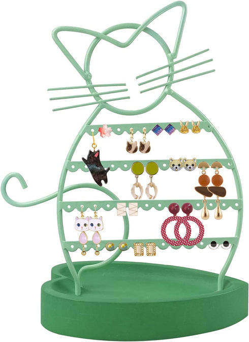 ERYTLLY Earring Holder, Cat Shaped Earring Stand with Wood Base for Girls/ Kids-47 Stud Earrings Holes (Mint Green)