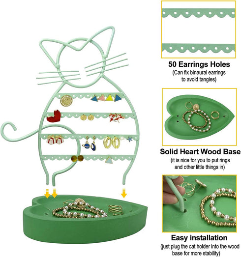 ERYTLLY Earring Holder, Cat Shaped Earring Stand with Wood Base for Girls/ Kids-47 Stud Earrings Holes (Mint Green)