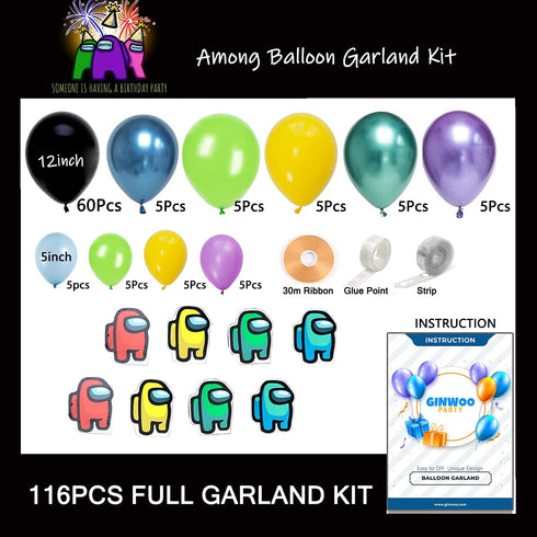 Among Birthday Party Balloon Garland Arch Kit, Black Space Gamer Balloons with Crewman Signs for Kids Birthday Baby Shower Wedding Party Decorations-116PCS