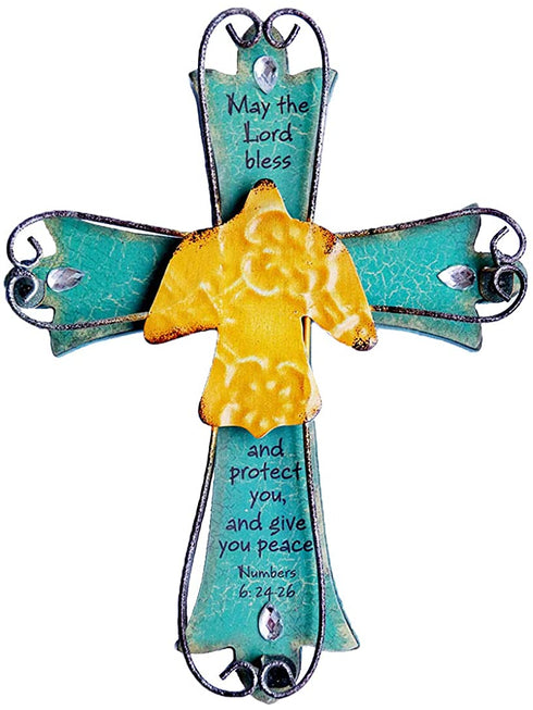 Unique Wooden Crucifix With Antiqued Metal Decorative Dove And Inspirational Prayer Inscribed On Cross Dove (Design 2)