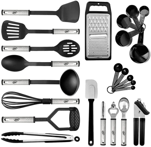 Kitchen Cooking Utensils Set 24 Nylon and Stainless Steel Utensil Set, Non-Stick and Heat Resistant Cooking Utensils Set, Kitchen Tools, Useful Pots and Pans Accessories and Kitchen Gadgets (Black)