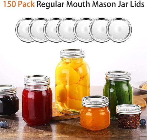 150PCS Regular Mouth Canning Lids, WOHOOW 70mm Mason Jar Canning Lids Regular Mouth, Split-Type Metal Lids for Canning, Food Grade Material Leak Proof Reusable Silver Lids with Silicone Seals Rings