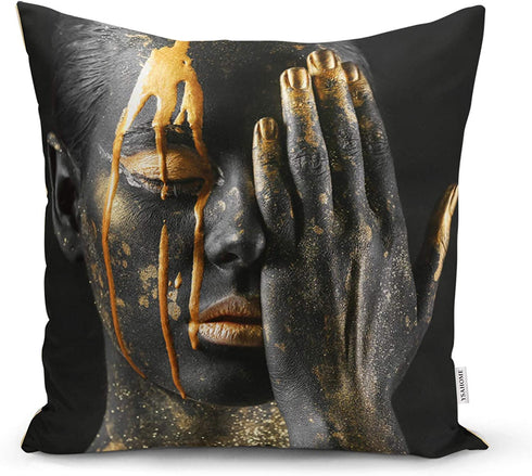 Ysahome Modern Art Theme Throw Pillow Cover - Photograph Pattern Square Cushion Cover - Woman Throw Pillow Case - African American Girl Decorative Accent Pillow, 18x18 Inches, Black (Set of 4)