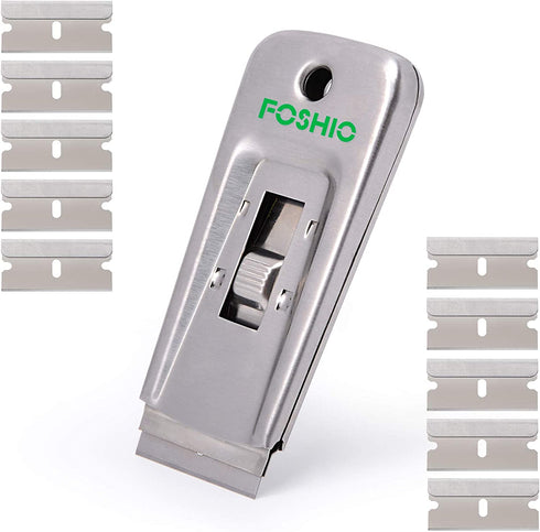 FOSHIO Stainless Steel Retractable Razor Blade Scraper for Glass Adhesive Removing Cooking Stove Top Grease Cleaning with 10PCS 1.5" Blades Cutter Tools