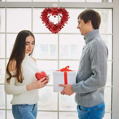 Winlyn 3 Pack Red Valentine Heart Wreaths Tinsel Heart Shaped Wreaths with Foil Hearts Hanging Valentine's Day Wreaths Decorations for Wedding Birthday Party Front Door Wall Window Mantel D©cor