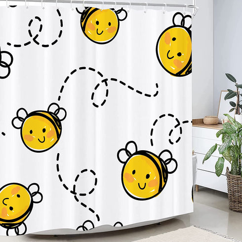 White Baby Bee Honey Cute Flying Happy Honeybee Cartoon Animal Bumblebee Shower Curtain Sets Hooks,Waterproof Polyester Curtain