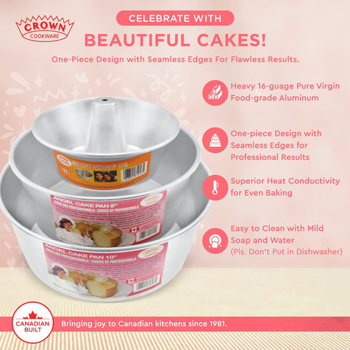 Crown Angel Food Cake Pan 10", Extra Sturdy, One-piece Design, Easy Clean, Made in Canada