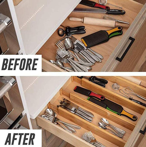 Lawei 4 Pack Bamboo Drawer Dividers - Adjustable Expandable Drawer Organizers Spring Loaded Drawer Separators for Kitchen Office Room Drawer