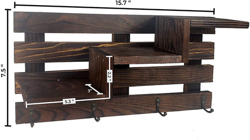 Hivory Wall Mounted Display Shelf with Key Holder ~ 4 Key Hooks Wall Organizer ~ Entryway Decorative Shelf with Hooks ~ Wooden Wall Mount Organizer for Keys (Rustic Brown)