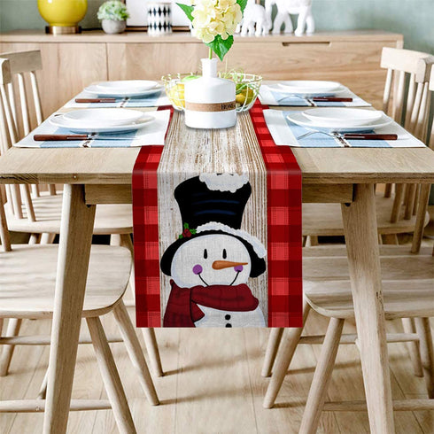 Greeeen Cotton Linen Table Runner, Kitchen Table Runners for Family Dinner, Banquet, Parties and Celebrations, Cute Christmas Snowman on Rustic Wooden Board Table Decor, 13 x 120 inch