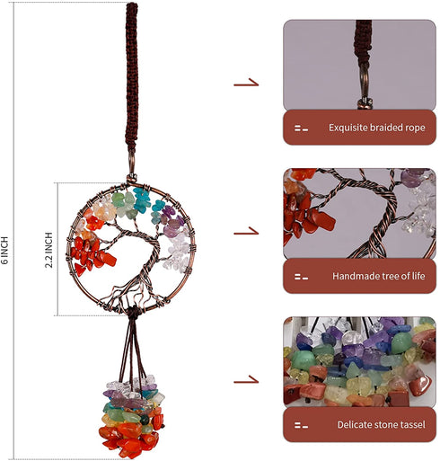 Healing Crystal Hanging Ornaments Tree of Life for Car Hanging Accessories, Party Decor Meditation Decorations, 7-Chakra Stones Tumbled Palm Stones Life Good Luck Home Ornaments (SGK-3 Packs)