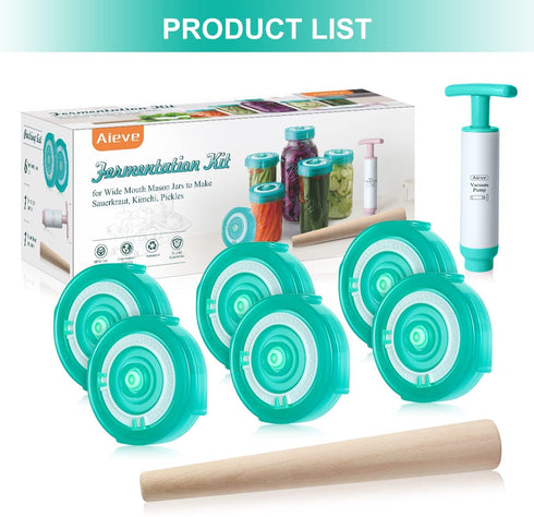 AIEVE Fermentation Lids, 6 Pack Mason Jar Fermenting Lids with Extractor Pump and Sauerkraut Pounder Fermenter Lids Fermentation Kit for Wide Mouth Mason Jars to Make Sauerkraut, Kimchi, Pickles