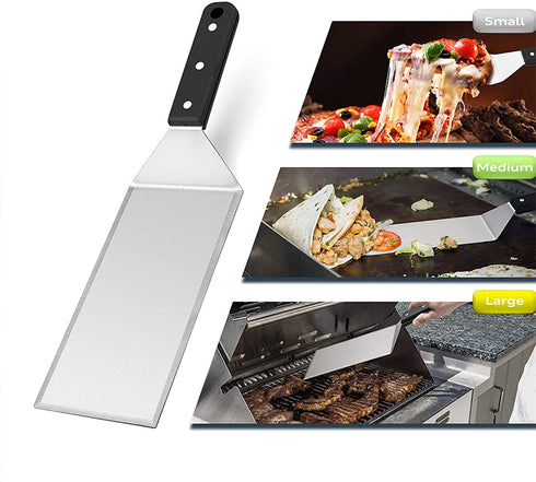Metal Spatula Set of 8, Leonyo Stainless Steel Griddle Turner Scraper for Flat Top Grill Teppanyaki Cast Iron BBQ Cooking Pancake, Heavy Duty & Dishwasher Safe, Attach 4 Hanging Hooks, Great Men Gift